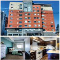 An exterior view of the student housing property in Waterloo, Ontario, and an interior view of a furnished bedroom and kitchen.